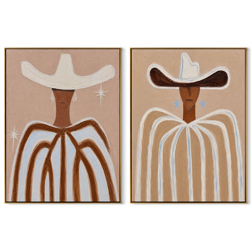 White Lines Hold Dust – cream Western Portrait Diptych Painting | Modern Vintage Americana Set of 2 Wall Art