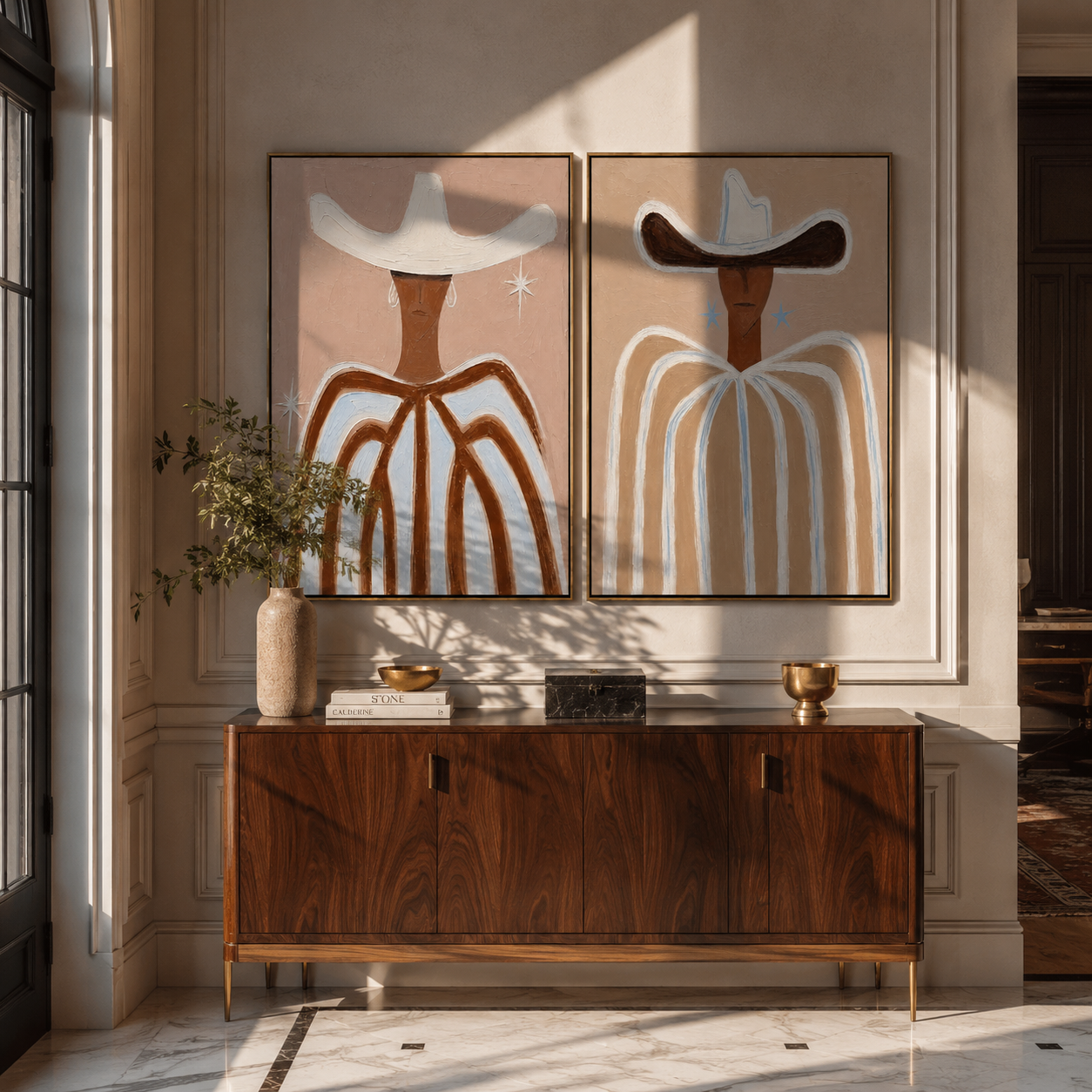 White Lines Hold Dust paired wall art styled above modern furniture