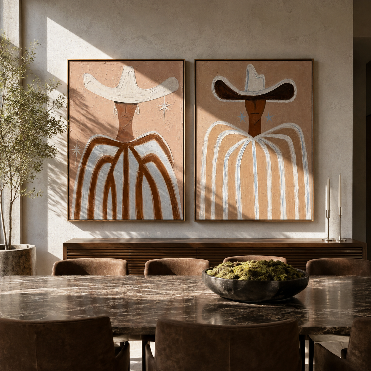 White Lines Hold Dust Vintage Americana diptych in a collected room