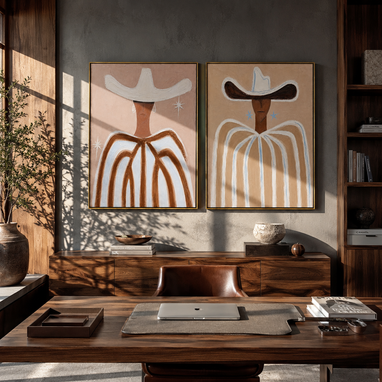 White Lines Hold Dust two-panel Western artwork with layered color