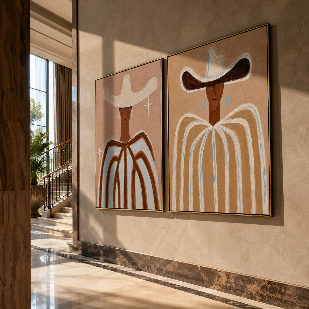 White Lines Hold Dust diptych presented with natural materials and decor