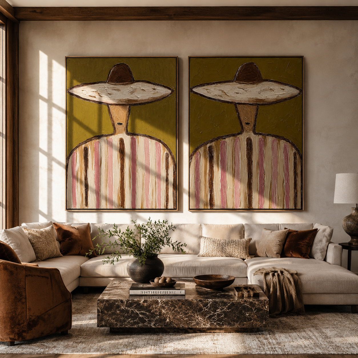 Green Stripes Keep Company Western diptych displayed in a contemporary interior