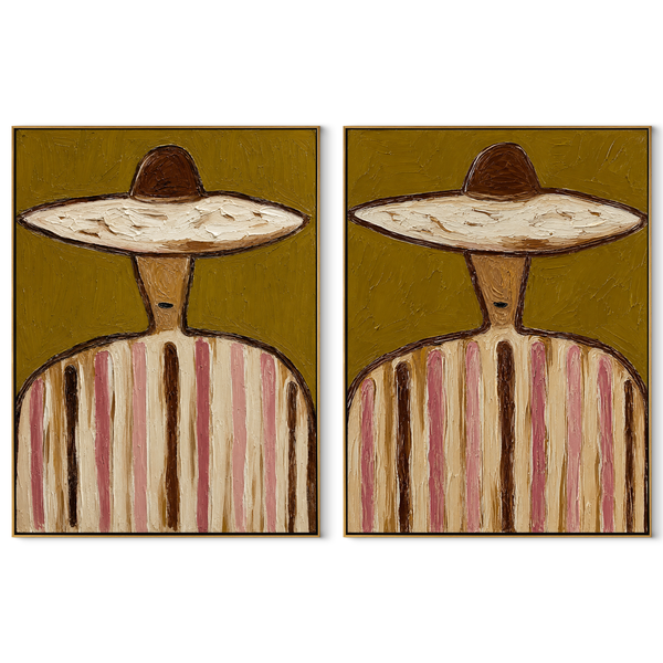 Green Stripes Keep Company – green Western Portrait Diptych Painting | Modern Vintage Americana Set of 2 Wall Art