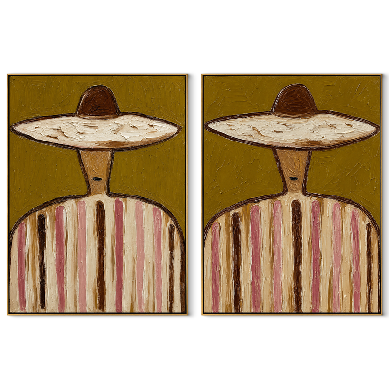 Green Stripes Keep Company – green Western Portrait Diptych Painting | Modern Vintage Americana Set of 2 Wall Art
