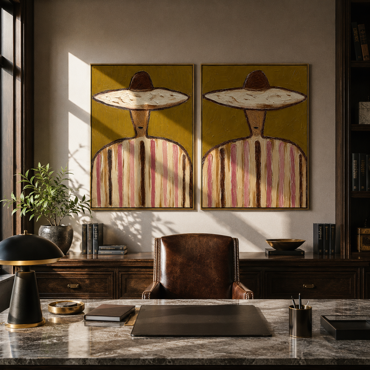 Green Stripes Keep Company two-panel Western artwork with layered color