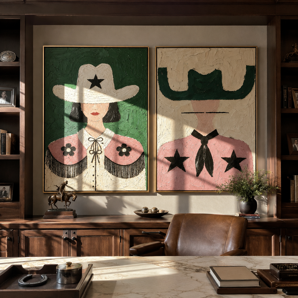 Prairie Stars Wear Pink Western diptych displayed in a contemporary interior