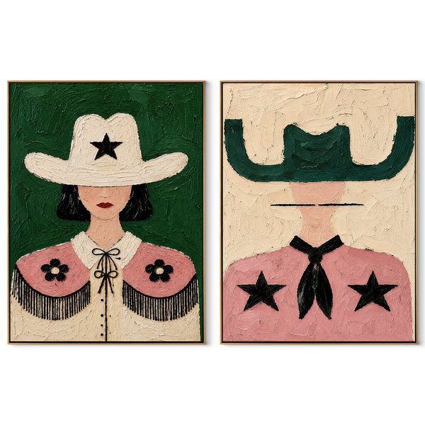 Prairie Stars Wear Pink – pink Western Portrait Diptych Painting | Modern Vintage Americana Set of 2 Wall Art