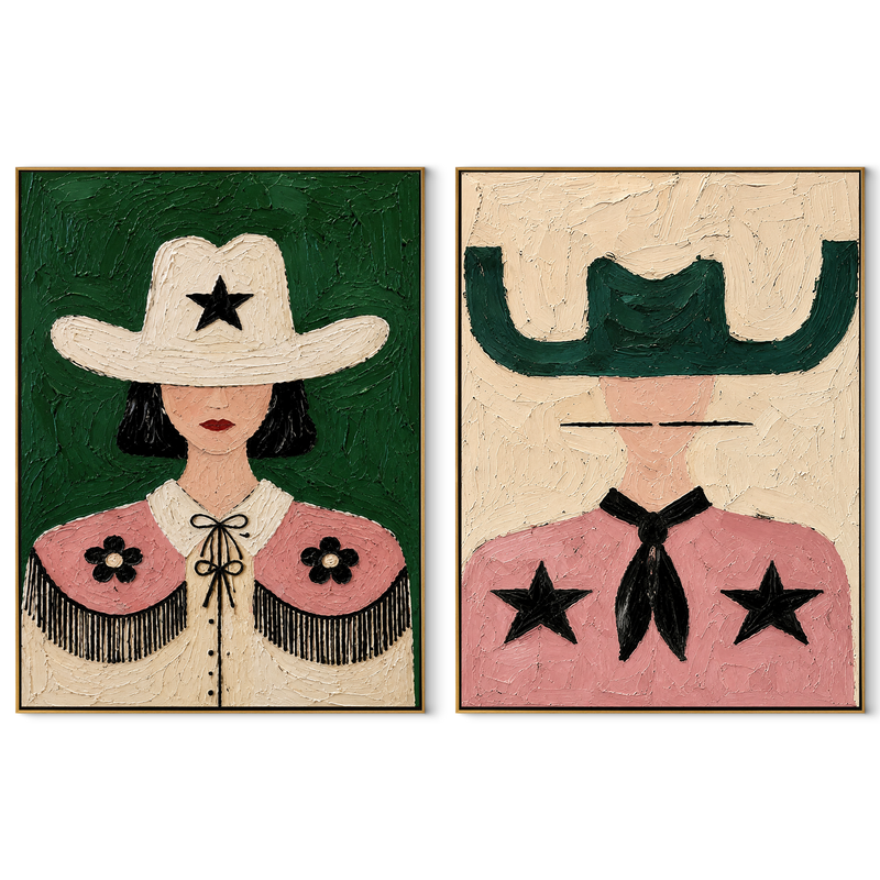 Prairie Stars Wear Pink – pink Western Portrait Diptych Painting | Modern Vintage Americana Set of 2 Wall Art