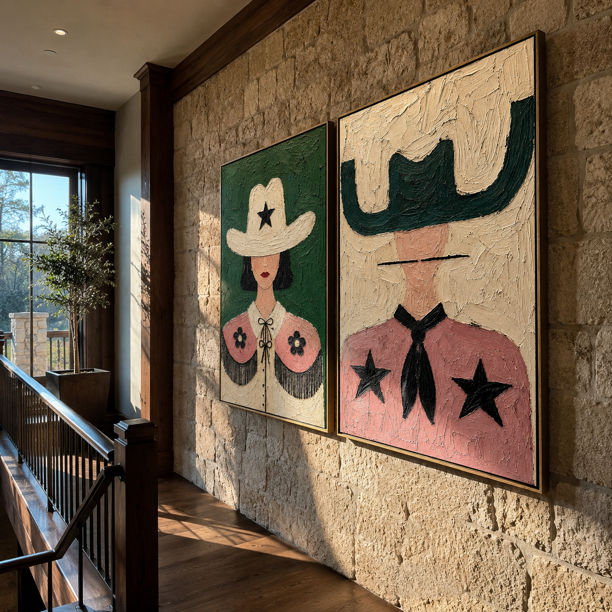 Prairie Stars Wear Pink paired wall art styled above modern furniture