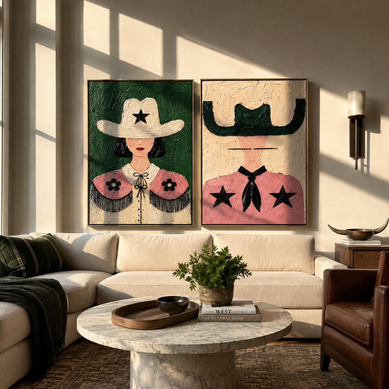 Prairie Stars Wear Pink Vintage Americana diptych in a collected room