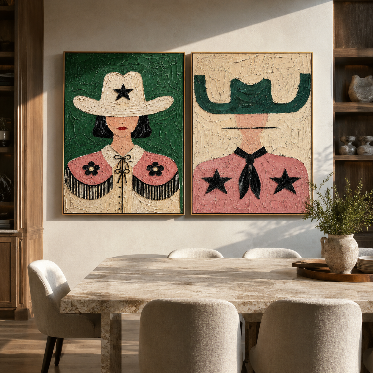 Prairie Stars Wear Pink diptych presented with natural materials and decor