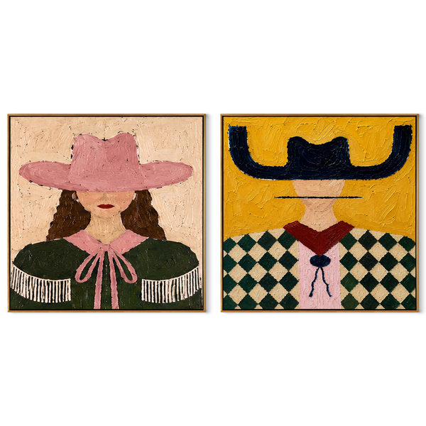 Ribbon Brims Catch Light – pink Western Portrait Diptych Painting | Modern Vintage Americana Set of 2 Wall Art