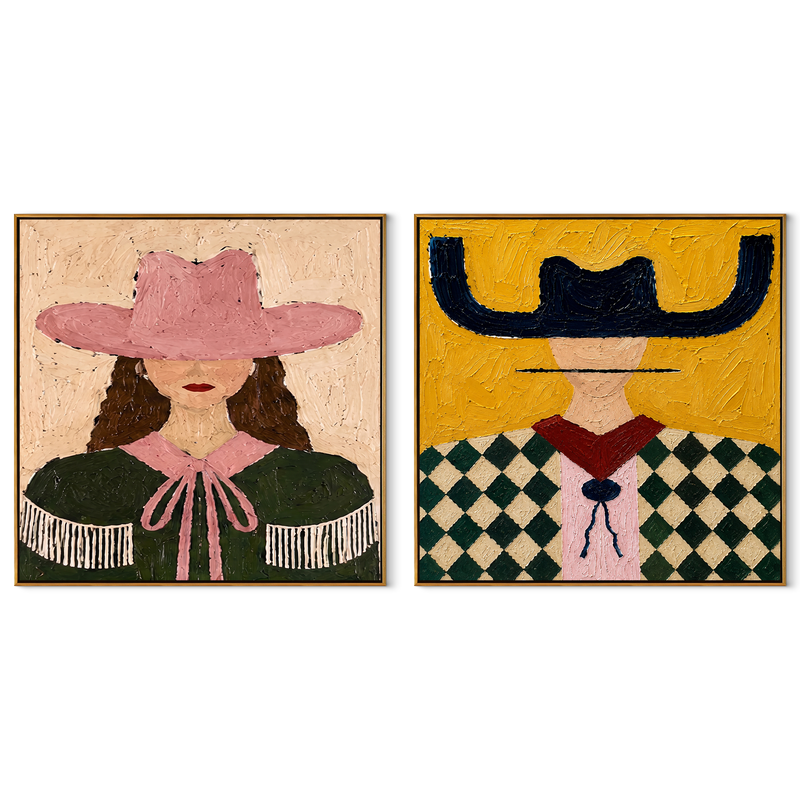 Ribbon Brims Catch Light – pink Western Portrait Diptych Painting | Modern Vintage Americana Set of 2 Wall Art