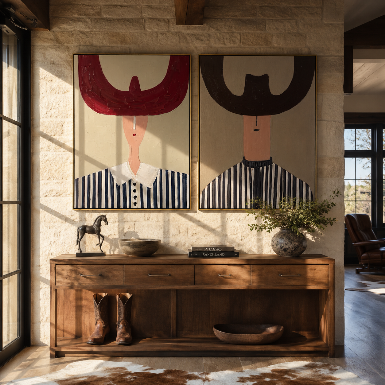 Great Hats Hold Night Western diptych displayed in a contemporary interior