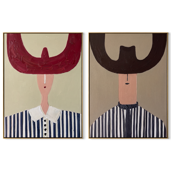Great Hats Hold Night – burgundy Western Portrait Diptych Painting | Modern Vintage Americana Set of 2 Wall Art