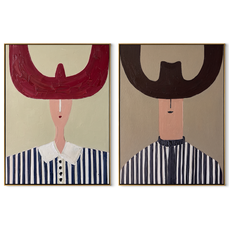 Great Hats Hold Night – burgundy Western Portrait Diptych Painting | Modern Vintage Americana Set of 2 Wall Art