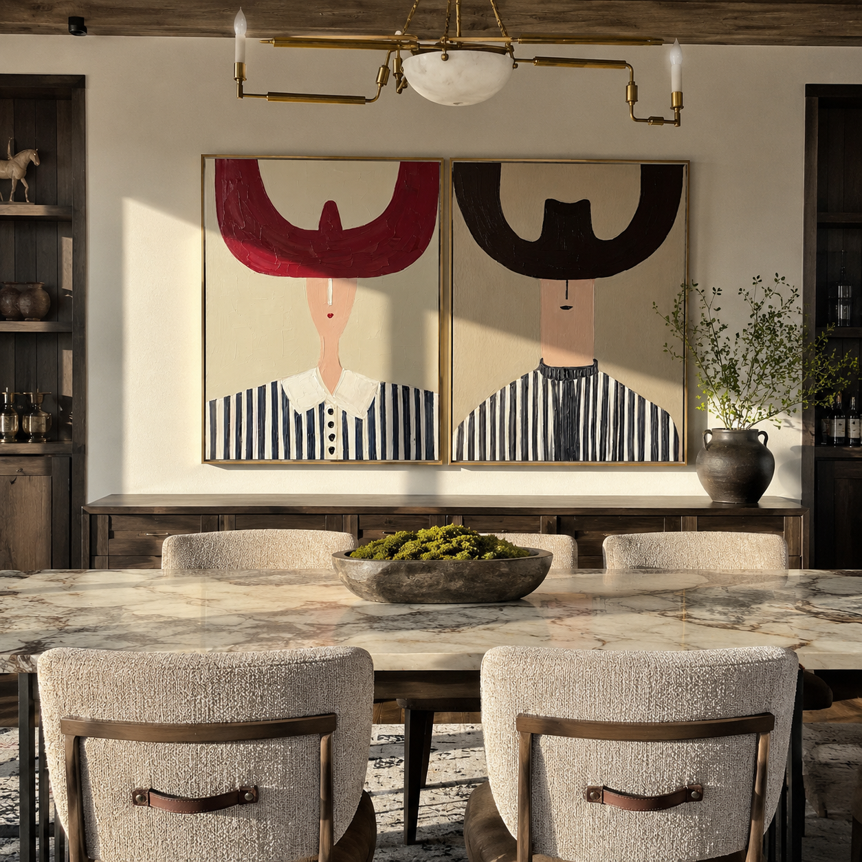 Great Hats Hold Night paired wall art styled above modern furniture