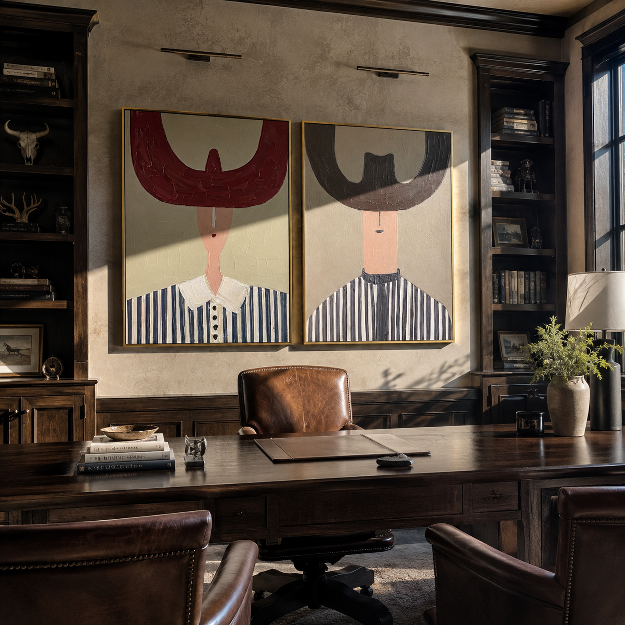 Great Hats Hold Night Vintage Americana diptych in a collected room
