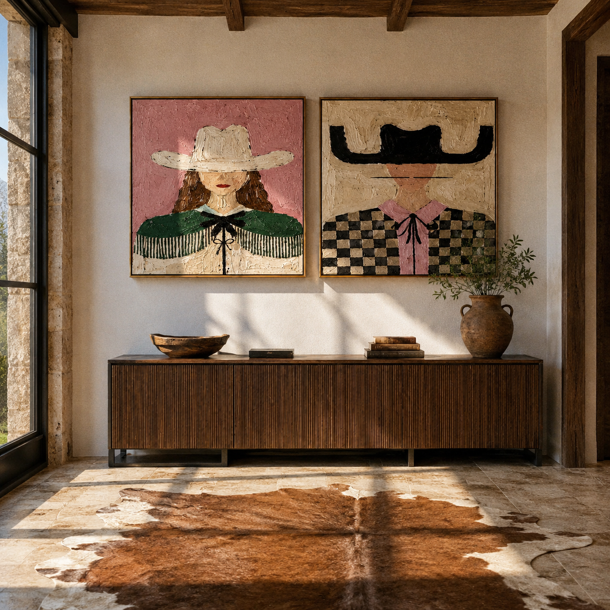 Fringe And Checks Wander Western diptych displayed in a contemporary interior