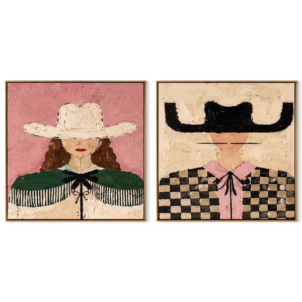 Fringe And Checks Wander – brown Western Portrait Diptych Painting | Modern Vintage Americana Set of 2 Wall Art