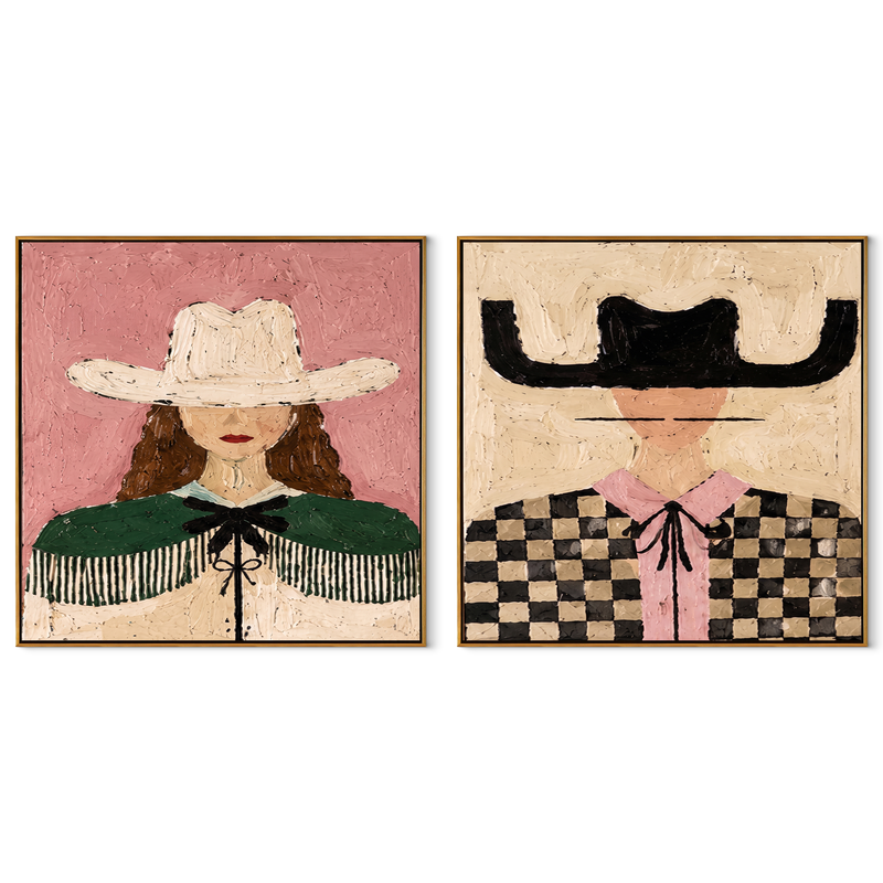 Fringe And Checks Wander – brown Western Portrait Diptych Painting | Modern Vintage Americana Set of 2 Wall Art