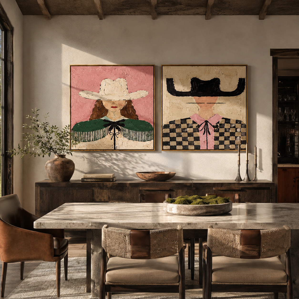 Fringe And Checks Wander paired wall art styled above modern furniture