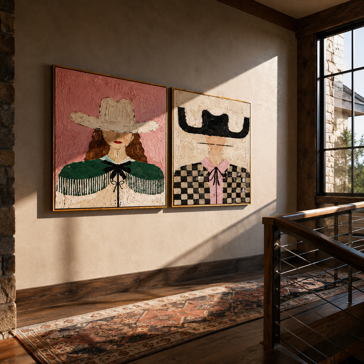 Fringe And Checks Wander two-panel Western artwork with layered color