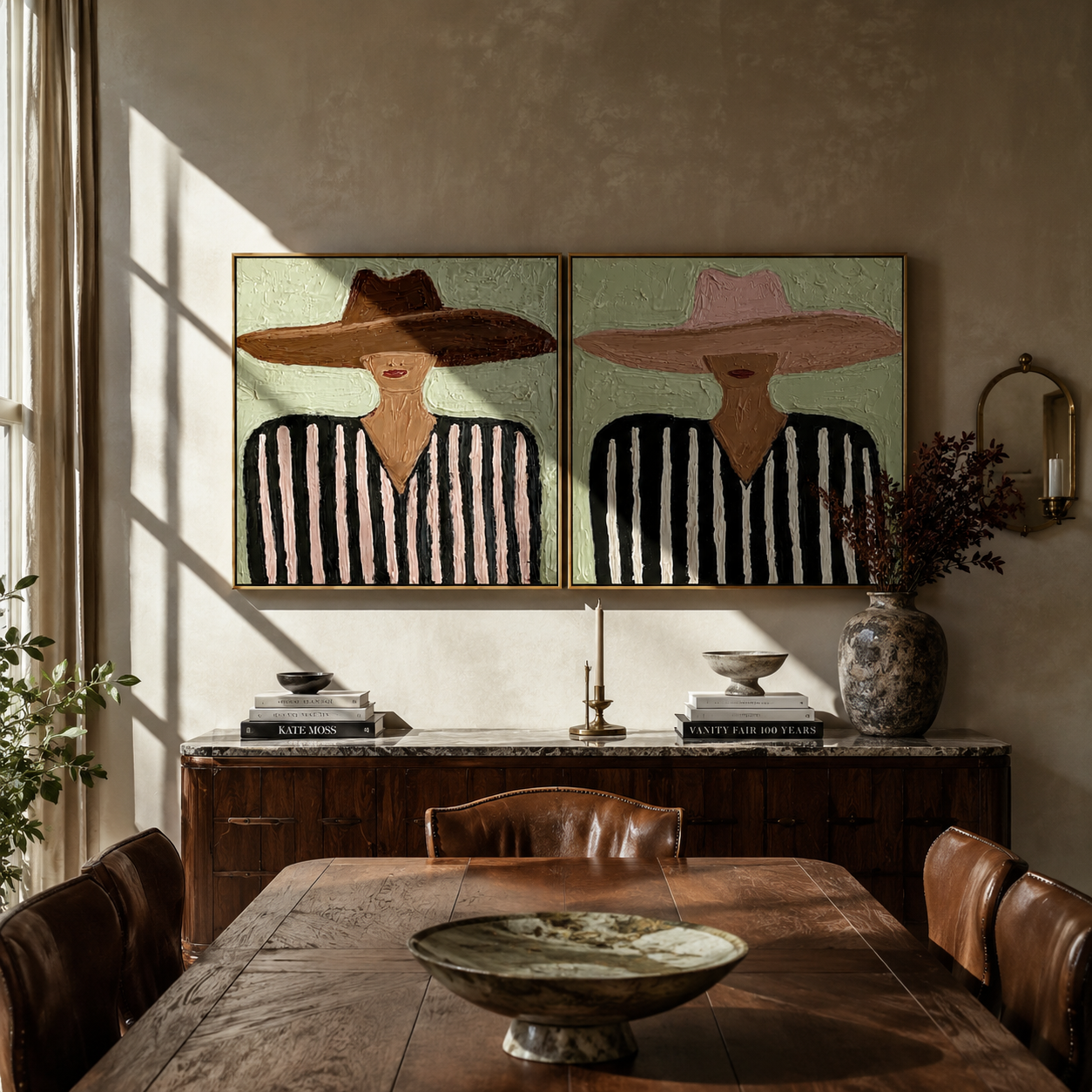 Mint Country Wears Stripes Western diptych displayed in a contemporary interior