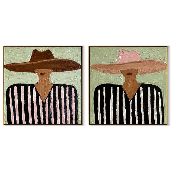 Mint Country Wears Stripes – mint Western Portrait Diptych Painting | Modern Vintage Americana Set of 2 Wall Art