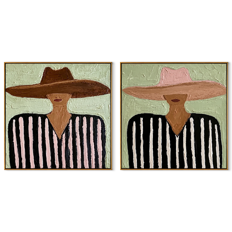 Mint Country Wears Stripes – mint Western Portrait Diptych Painting | Modern Vintage Americana Set of 2 Wall Art