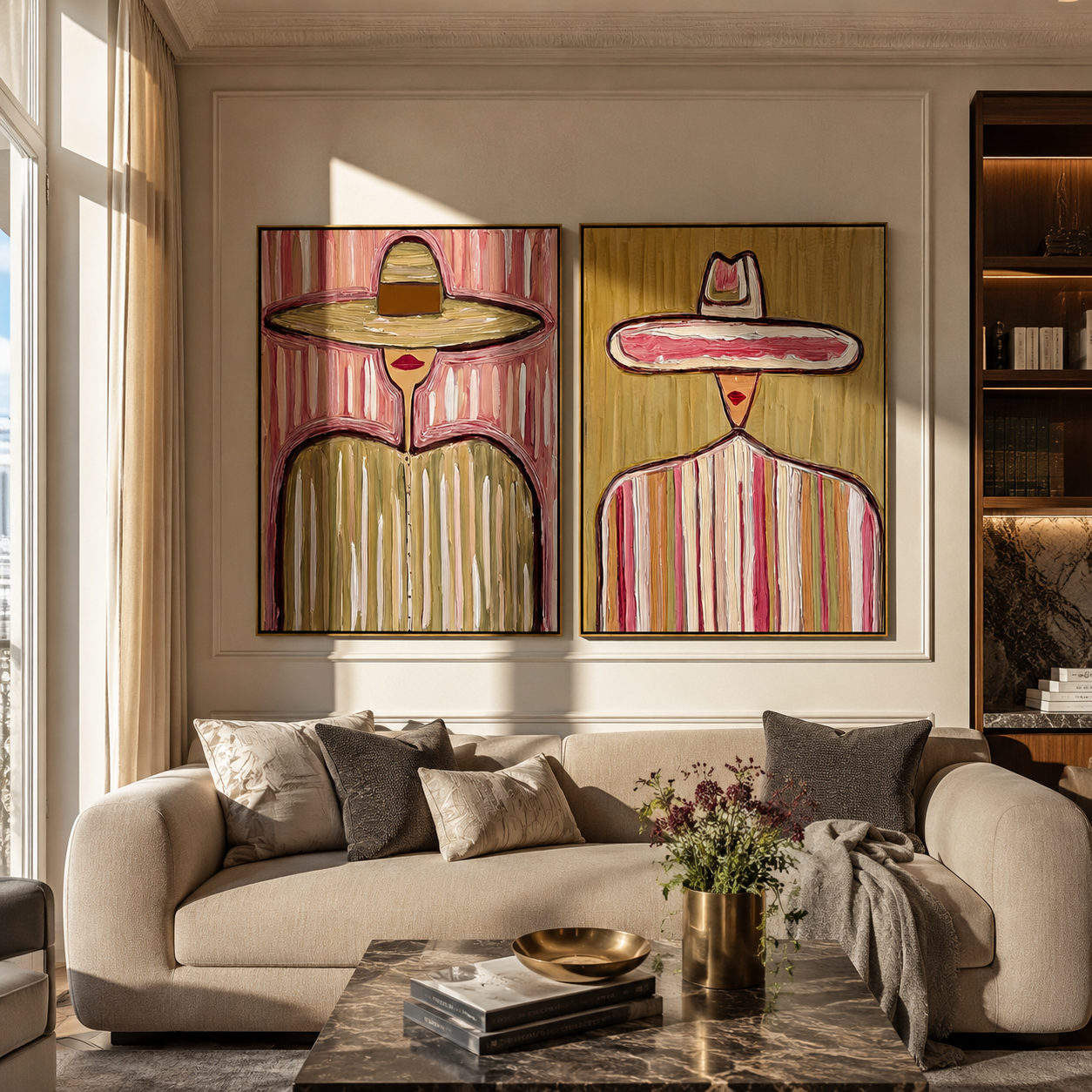 Pastel Sombreros Stand Tall Western diptych displayed in a contemporary interior