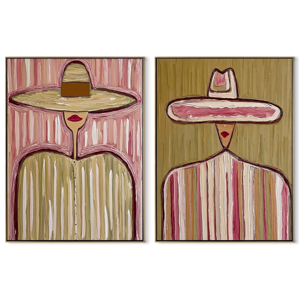 Pastel Sombreros Stand Tall – pink Western Portrait Diptych Painting | Modern Vintage Americana Set of 2 Wall Art