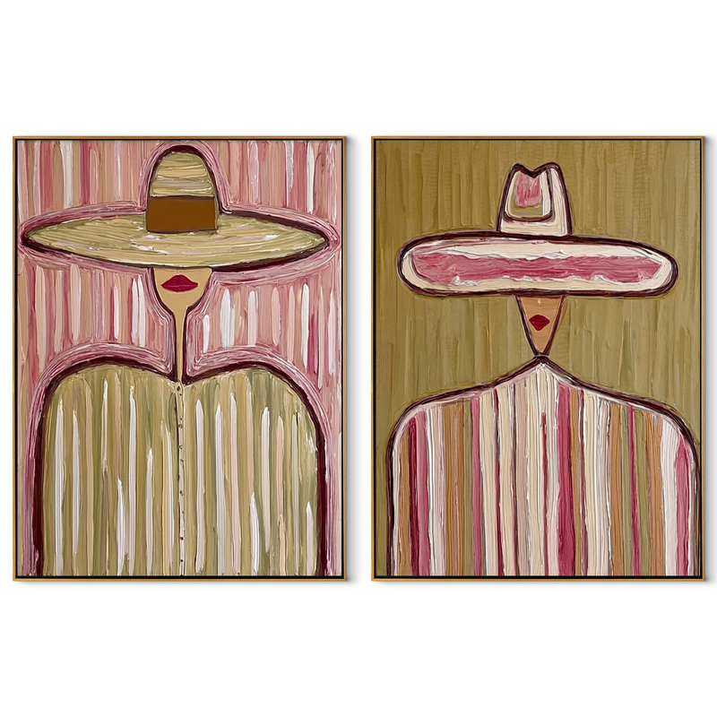 Pastel Sombreros Stand Tall – pink Western Portrait Diptych Painting | Modern Vintage Americana Set of 2 Wall Art