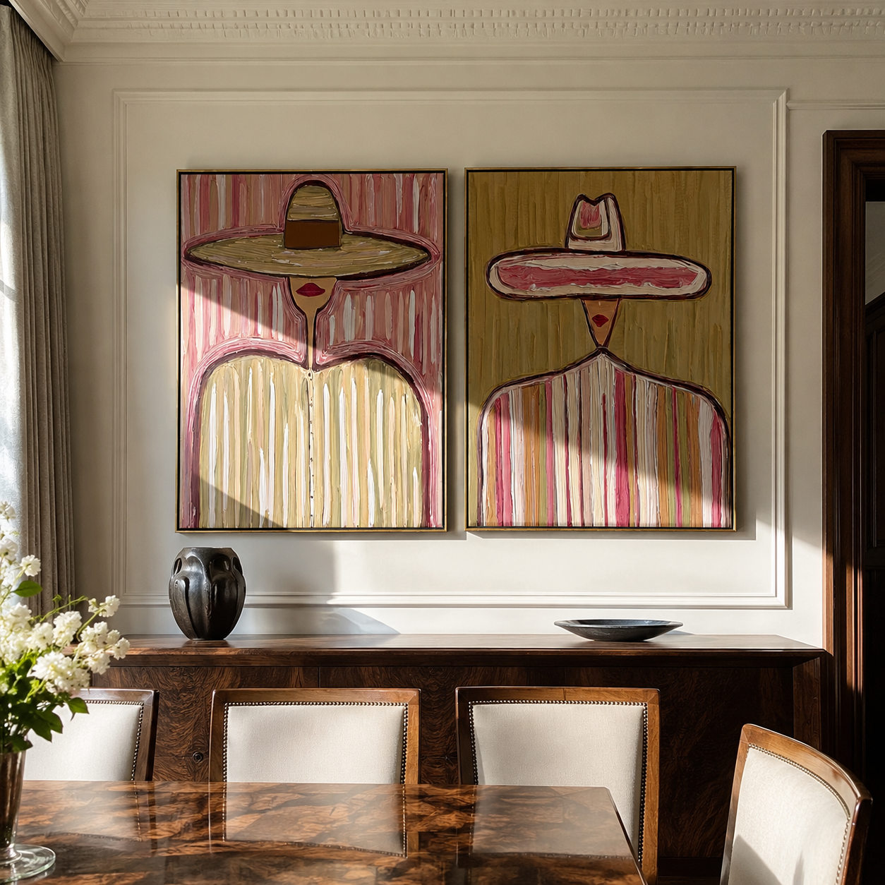 Pastel Sombreros Stand Tall Vintage Americana diptych in a collected room