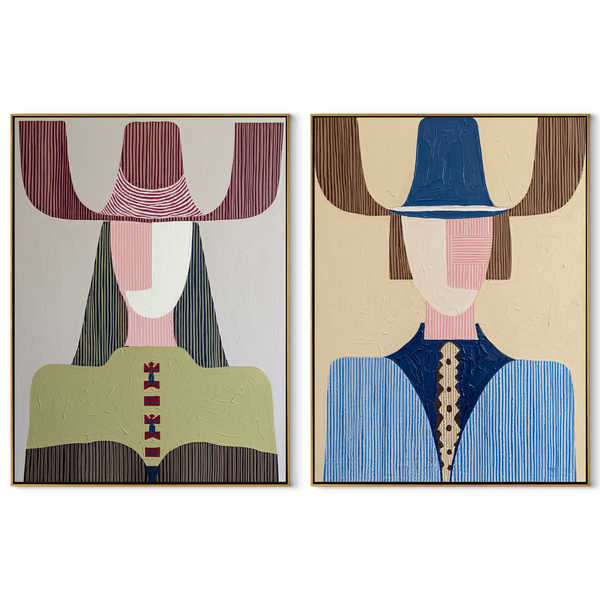 Modern Figures Trade Color – blue Western Portrait Diptych Painting | Modern Vintage Americana Set of 2 Wall Art