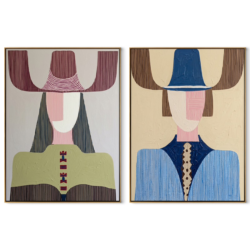 Modern Figures Trade Color – blue Western Portrait Diptych Painting | Modern Vintage Americana Set of 2 Wall Art