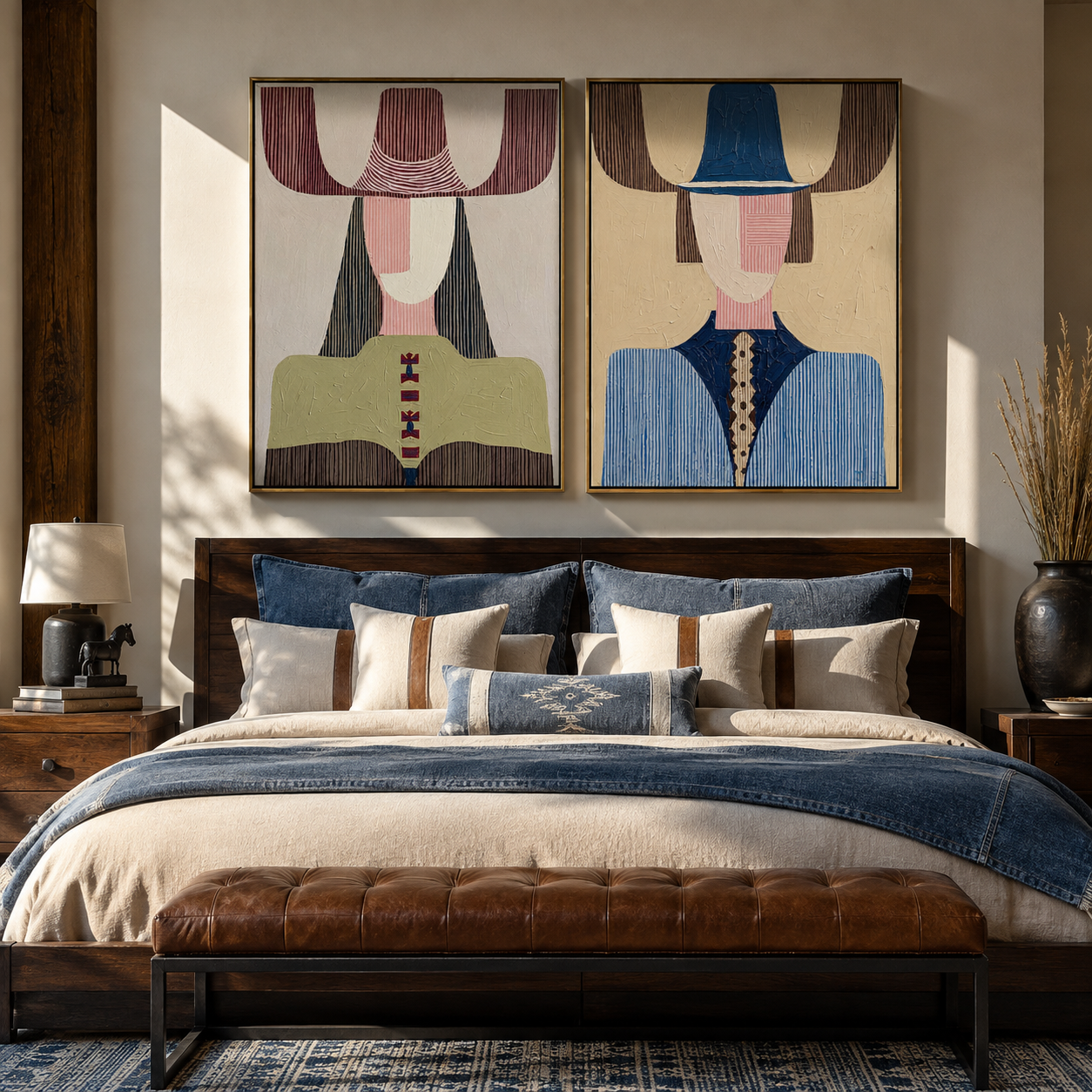 Modern Figures Trade Color paired wall art styled above modern furniture