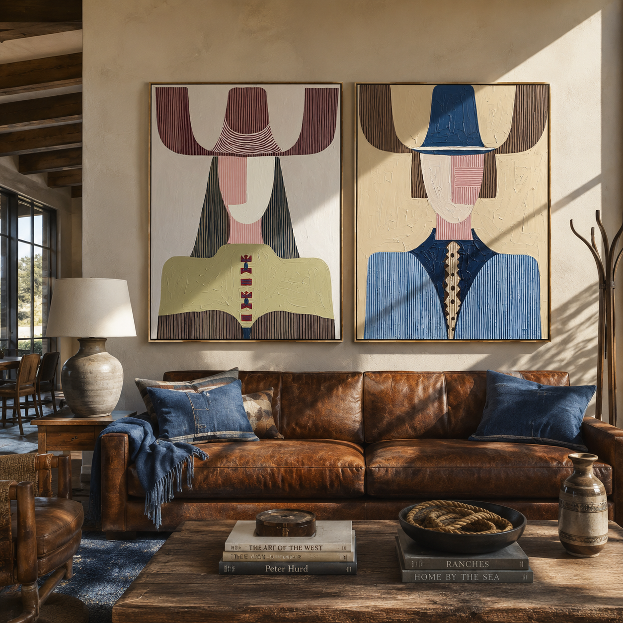 Modern Figures Trade Color diptych presented with natural materials and decor