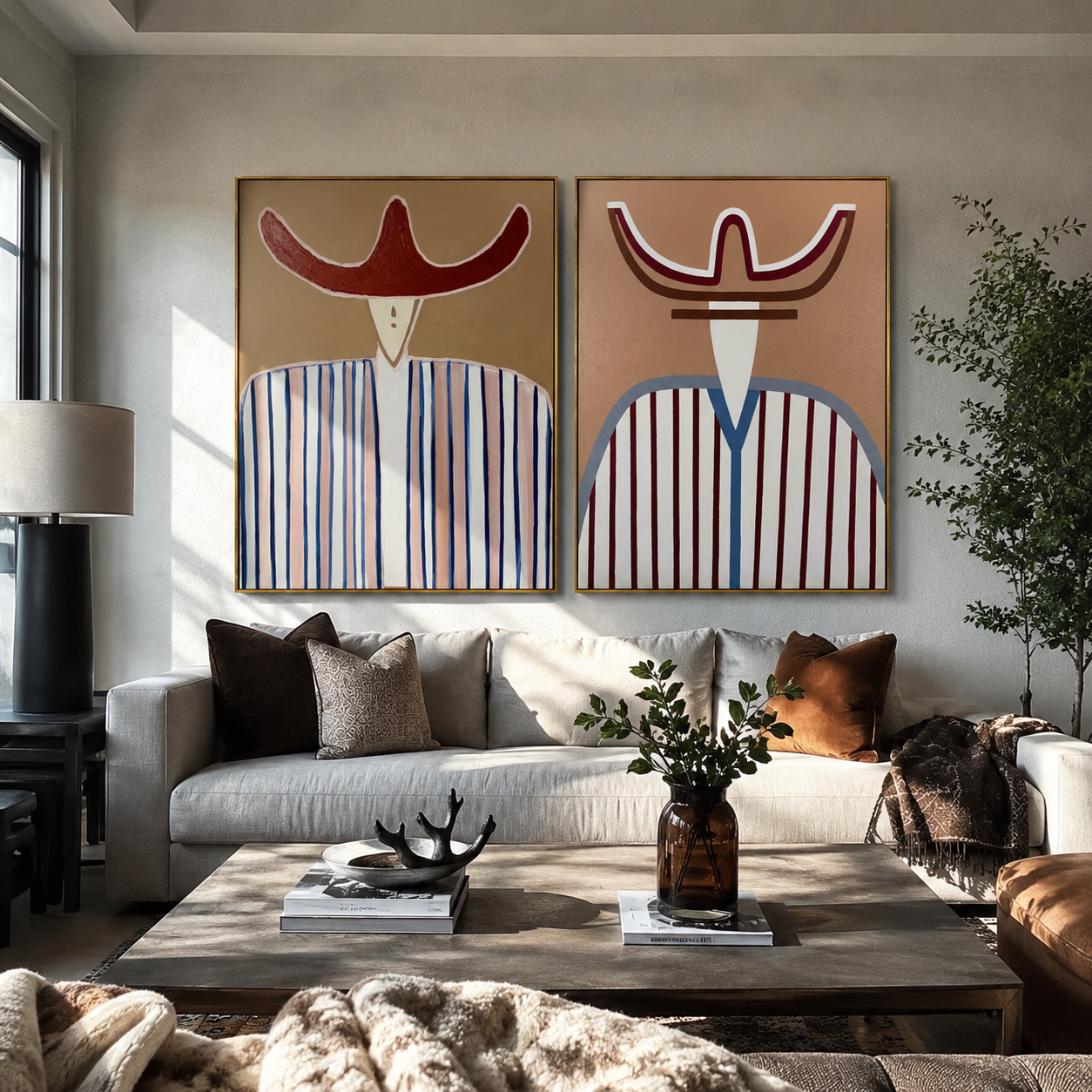 Blue Lines Mark Red Western diptych displayed in a contemporary interior