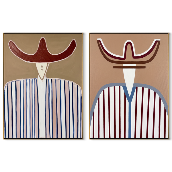 Blue Lines Mark Red – blue Western Portrait Diptych Painting | Modern Vintage Americana Set of 2 Wall Art
