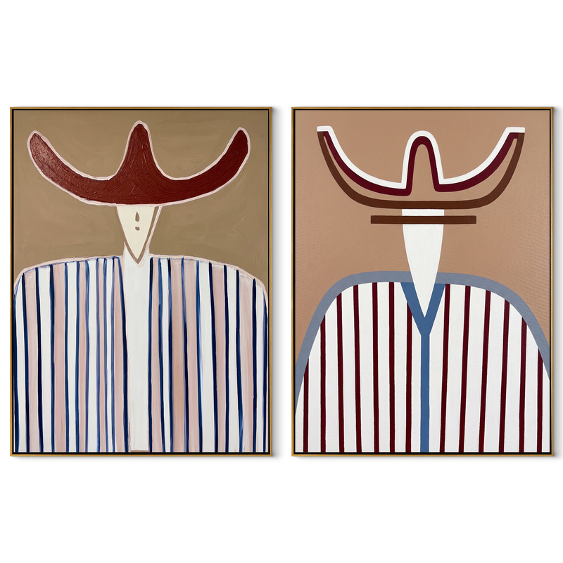 Blue Lines Mark Red – blue Western Portrait Diptych Painting | Modern Vintage Americana Set of 2 Wall Art