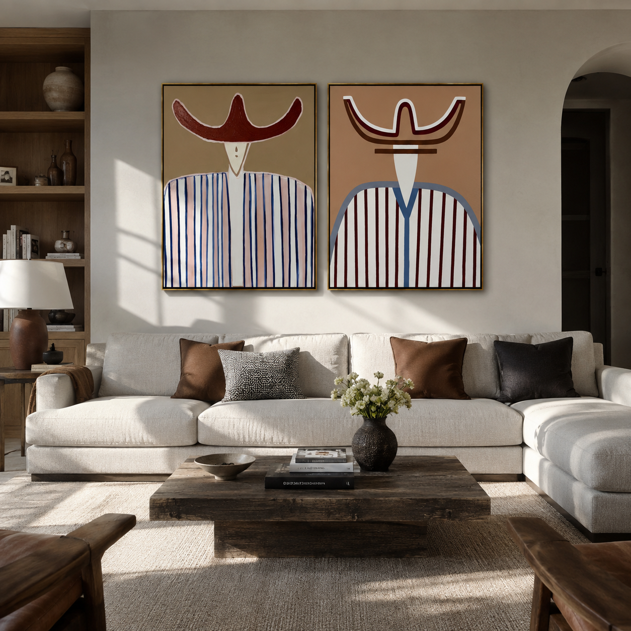 Blue Lines Mark Red Vintage Americana diptych in a collected room