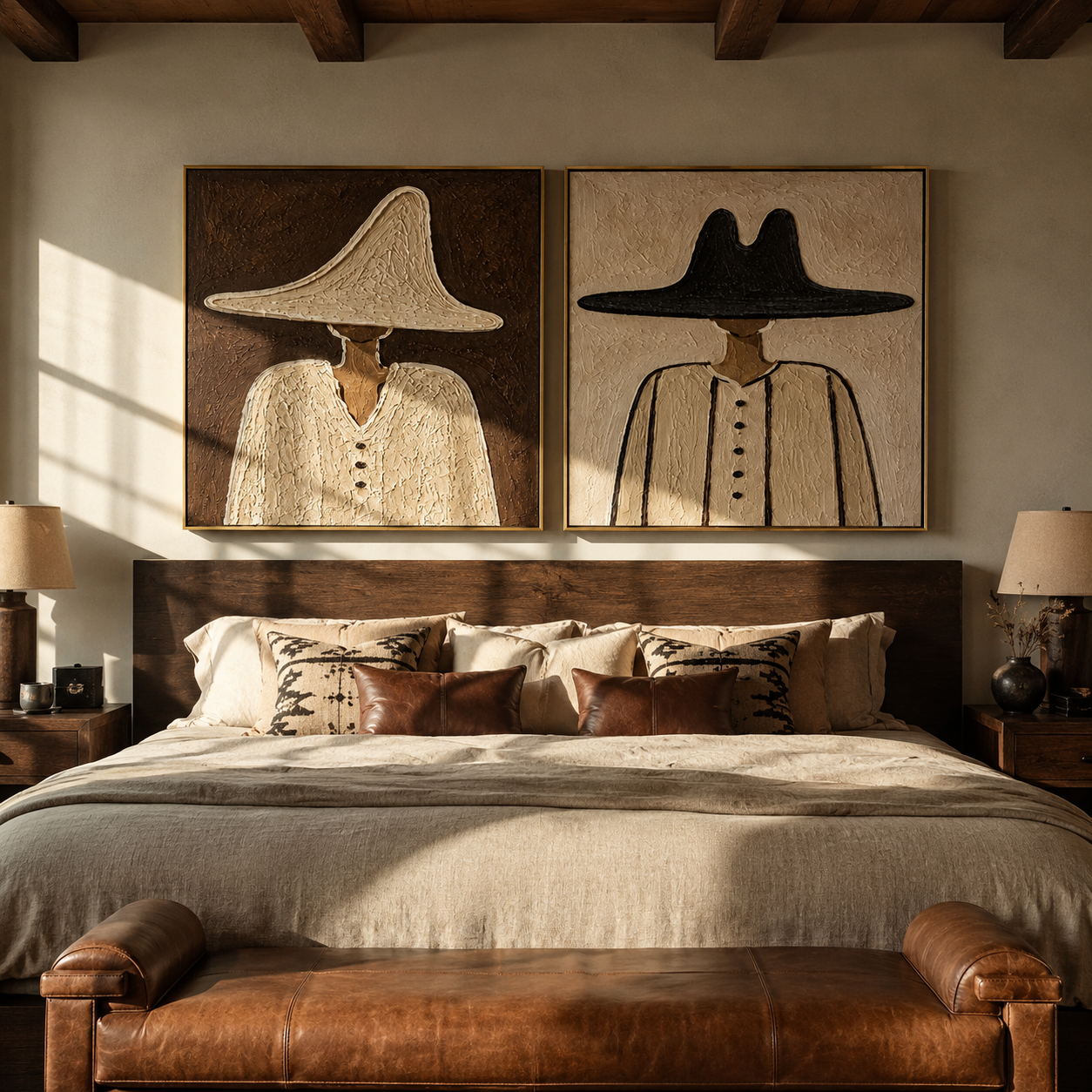 Pale Hats Hold Ground Western diptych displayed in a contemporary interior
