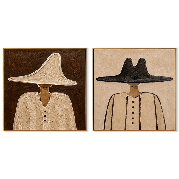Pale Hats Hold Ground – brown Western Portrait Diptych Painting | Modern Vintage Americana Set of 2 Wall Art