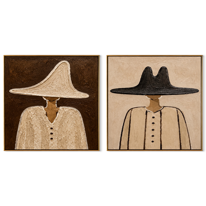 Pale Hats Hold Ground – brown Western Portrait Diptych Painting | Modern Vintage Americana Set of 2 Wall Art