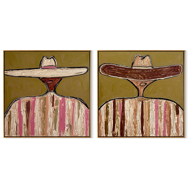 Low Brims Stretch Wide – olive Western Portrait Diptych Painting | Modern Vintage Americana Set of 2 Wall Art