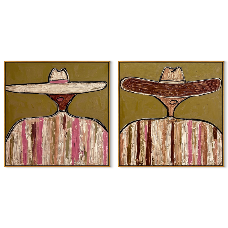 Low Brims Stretch Wide – olive Western Portrait Diptych Painting | Modern Vintage Americana Set of 2 Wall Art