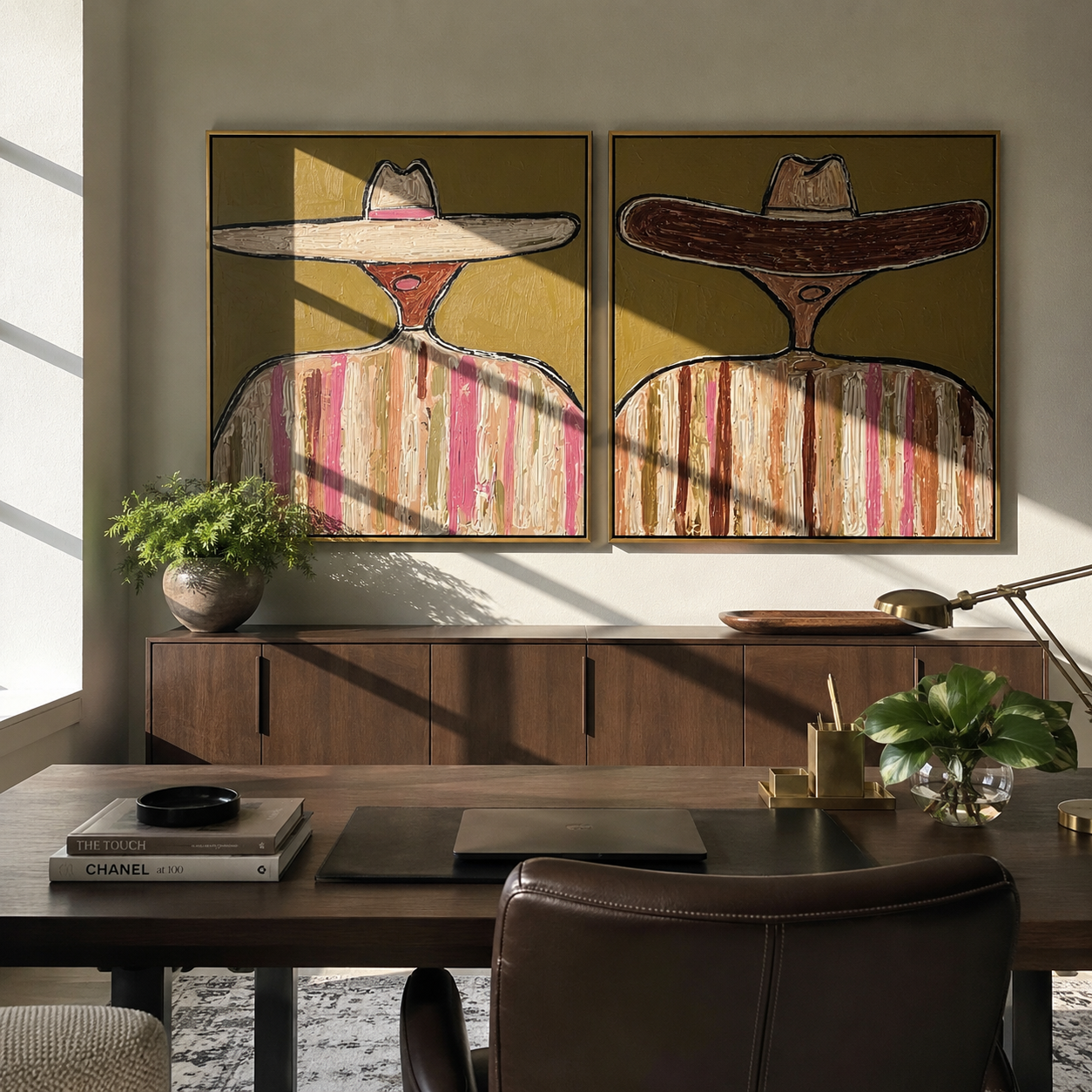 Low Brims Stretch Wide paired wall art styled above modern furniture