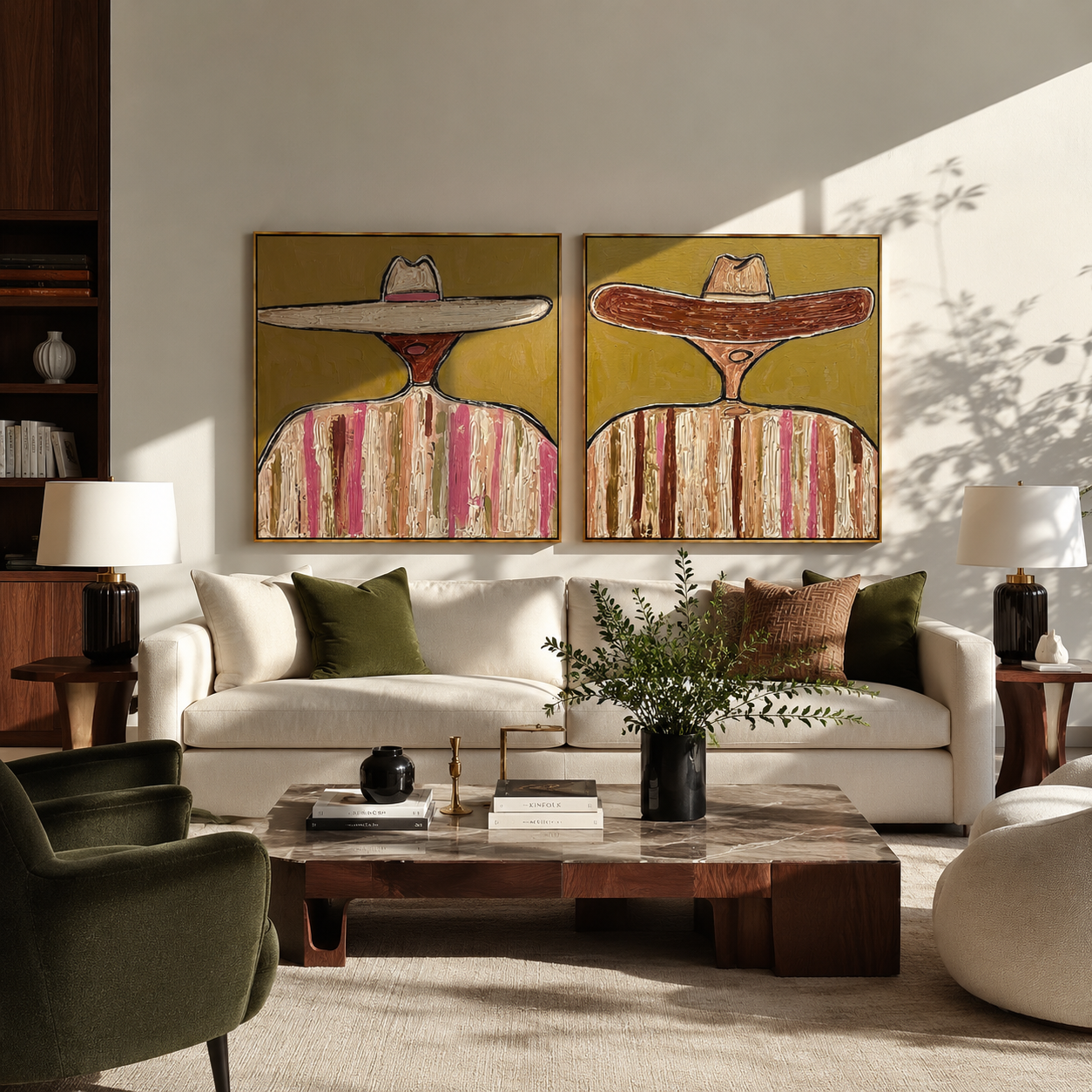 Low Brims Stretch Wide diptych presented with natural materials and decor