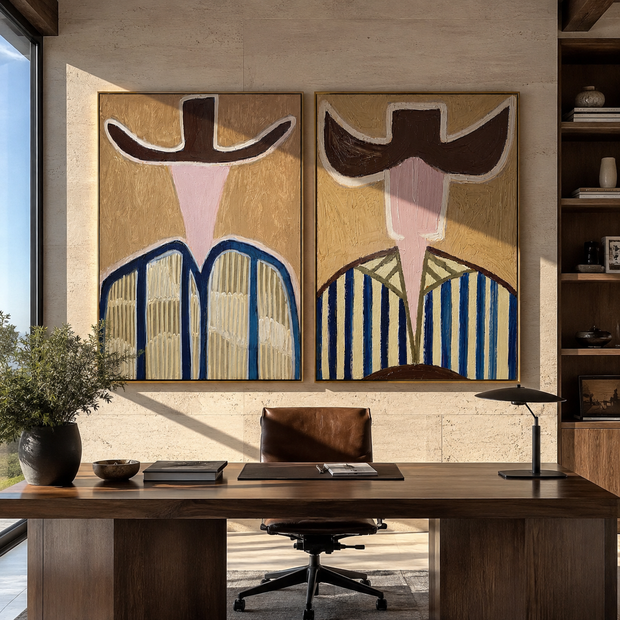 Blue Stripes Guard Dust Western diptych displayed in a contemporary interior